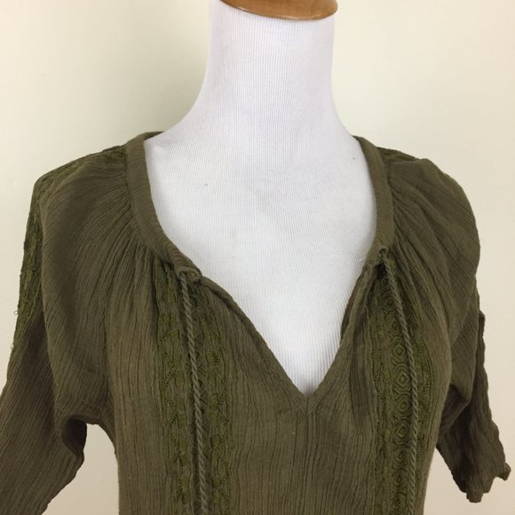 LUCKY BRAND Dark Moss Green Tie Collar Tassels Crepe Embroidery Shirt - Picture 6 of 10